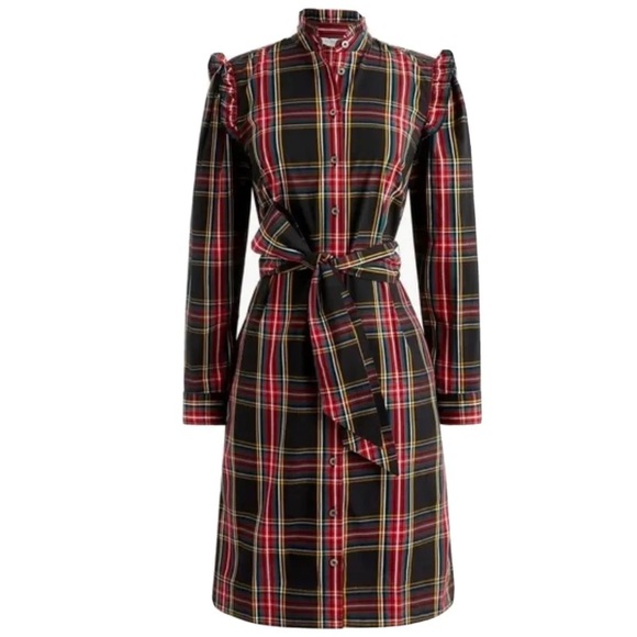 J. Crew Factory Ruffle Neck Shirt Dress Stewart Plaid Size 14 Holiday Christmas - Picture 2 of 13